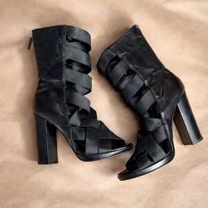 Italian Leather Cage Heels Black Size 37 Strappy Block Heel Made in Italy